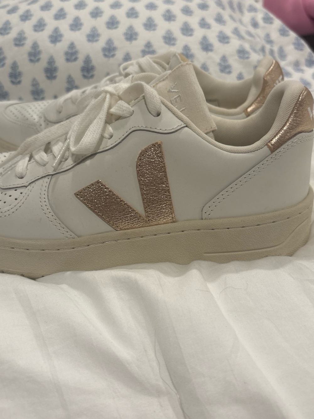 Veja Women’s Leather Sneakers in White with Gold V